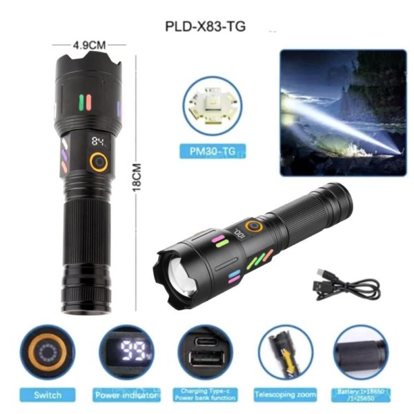 Ручний потужний ліхтар PLD-X83-PM30-TG, ЗУ Type-C, Power Bank - Зображення 2