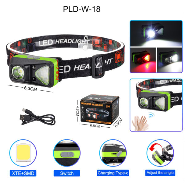 Налобний ліхтар W-18-XPG+6SMD з датчиком руху, USB-C - Зображення 7